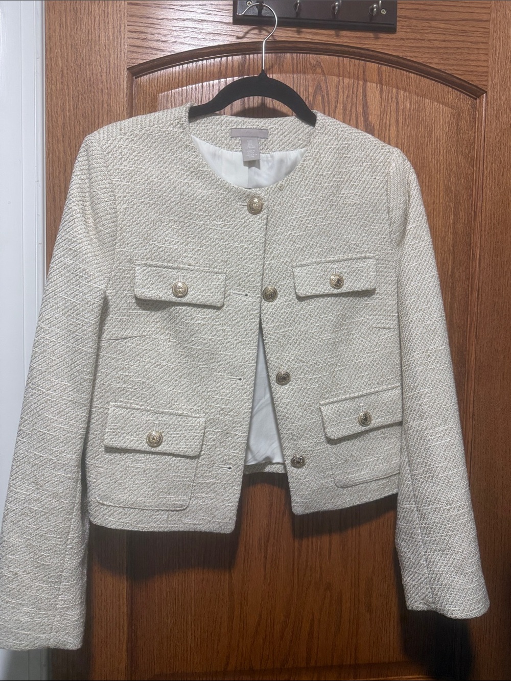 H&M Cream Textured Tweed Cropped Blazer with Gold Buttons